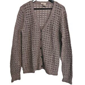 DKNY Button Front Knit Crocheted Cardigan Long Sleeve Taupe Sweater Size Large